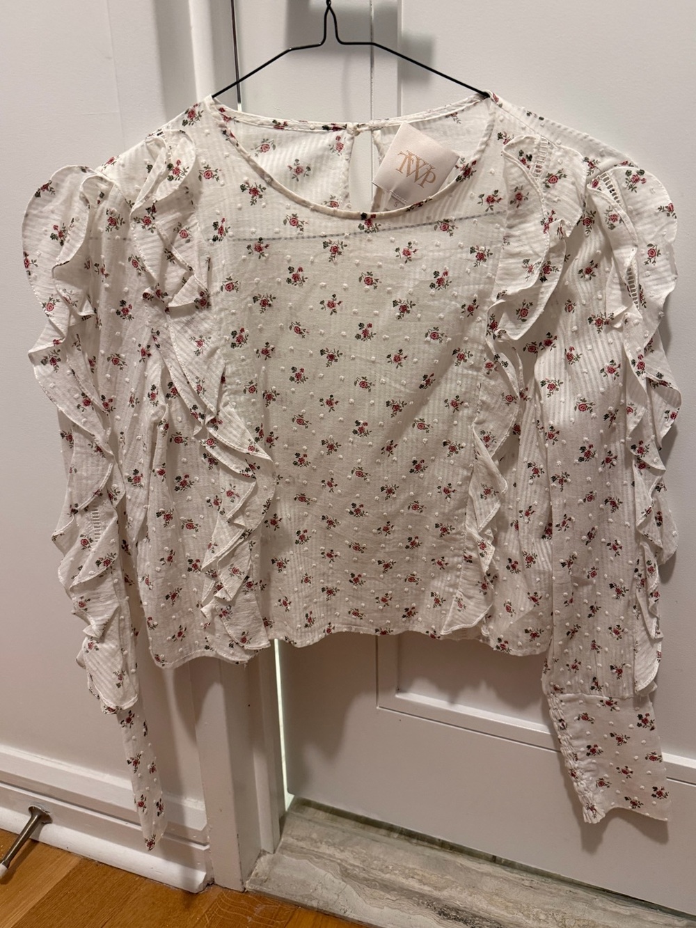 TWP Floral Ruffle Long-Sleeve Top in Ivory with Pink Flowers
